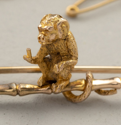 9 Carat Gold Monkey Bar Brooch - Monkey Holding Gold Coins, Bamboo